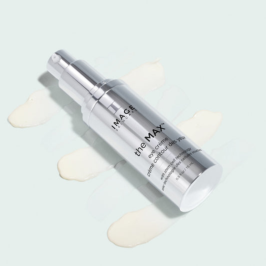the MAX eye crème opened bottle with texture swatches
